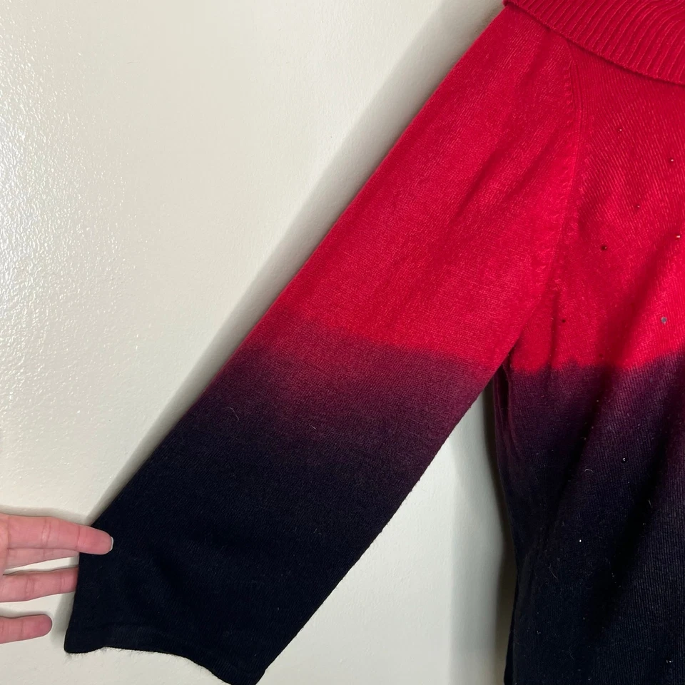 Elementz Cowlneck Sweater 3X Red Black Ombre Dip Dyed Jeweled Rhinestone Knit  - Image 3 of 4