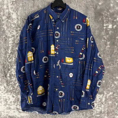 Ralph Lauren Chaps Size L Vintage Nautical Sailing Print Button Down Shirt Blue