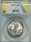 1943-S Walking Liberty Half Dollar - ANACS MS63 - Great Luster - WWII Era Silver