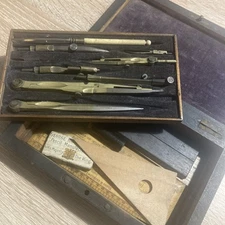 Antique Draftsman Technical Drawing Set, Geometry, Engineering, Rosewood Case
