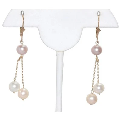 14KT Yellow Gold Dangling Tri Color Pearls Earrings - Image 1 of 4