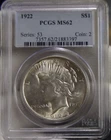 1922 US Peace Silver Dollar $1 PCGS MS62