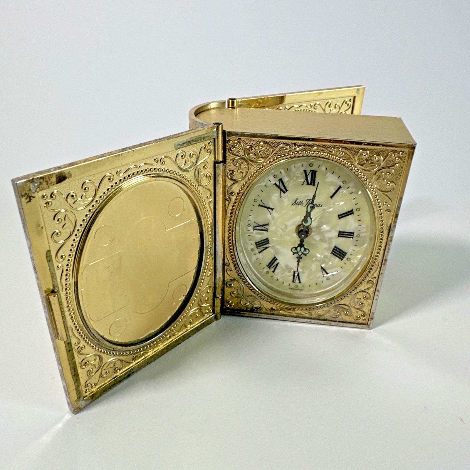 VTG 60s Seth Thomas Gold Ornate Book Style Travel Alarm Clock Tested Works