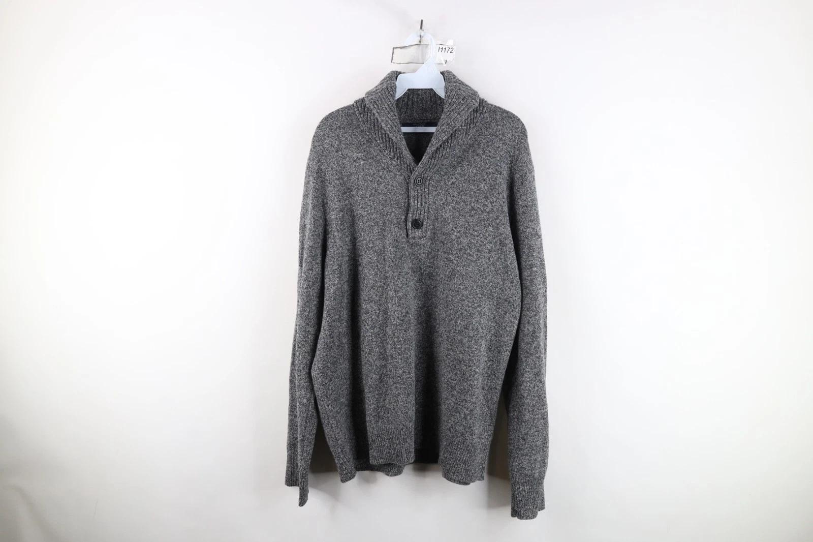 J Crew Mens Size Large Blank Lambswool Knit Henley Shawl Sweater Heather Gray