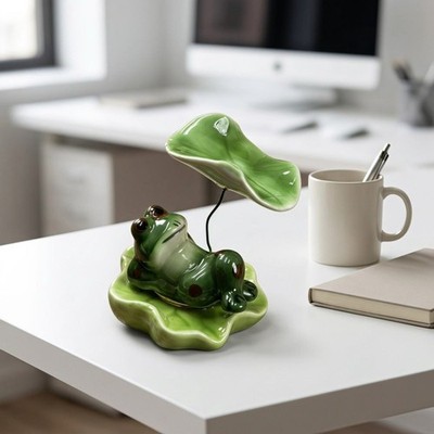 3D Keramik Frosch Figur Frosch Statue Ornament mit Lotusblatt Drehdeko NEU