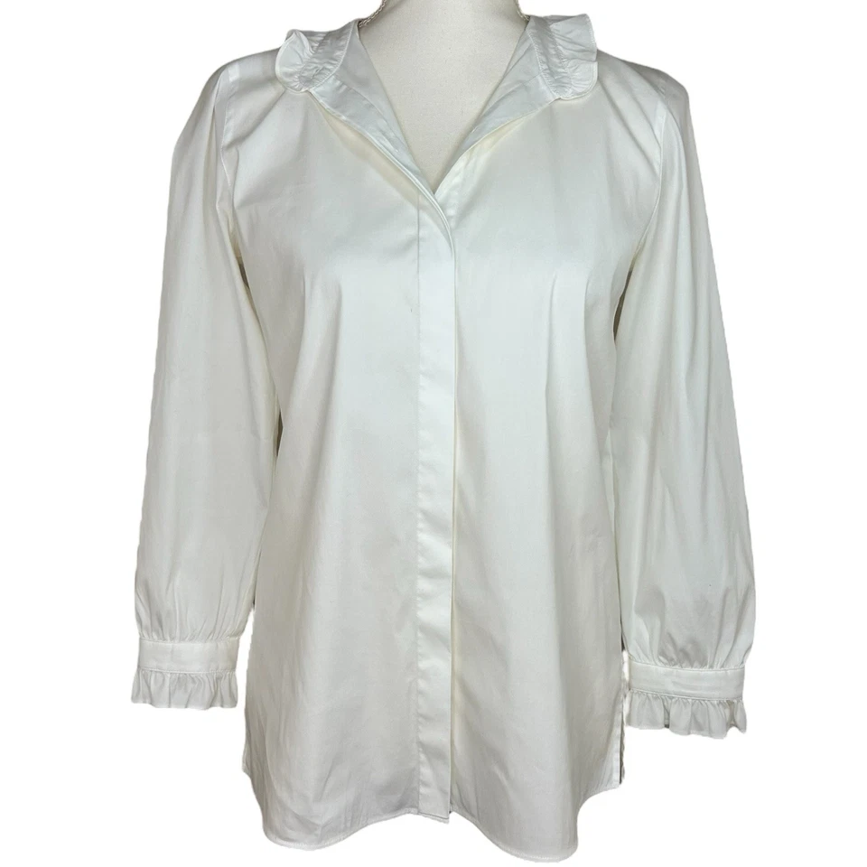 Blusa Lafayette 148 Elastizada Blanca Botón Frontal Volantes Cuello Puño Talla Pequeña Foto 2 de 4