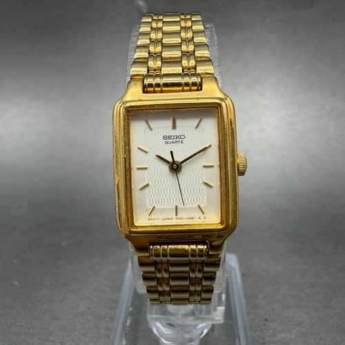 Seiko Tank Watch Women 18mm White Dial Gold Tone Rectangle V401-5129 New Batt NH