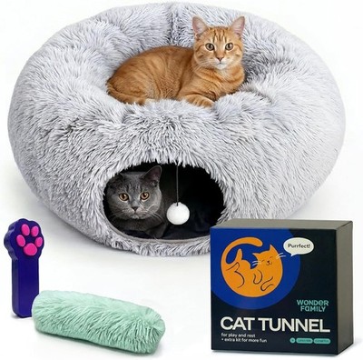 Cat Donut Tunnel Bed - Cat Tunnels for Indoor Cats - XL Plush Circle Hideaway...