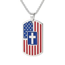 American Flag Dog Tag Necklace with Cross,Stainless Steel, Patriotic Silver