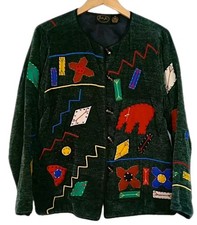 Chenille Cardigan Jacket Women's Size M Patchwork Applique Glass Toggle Buttons