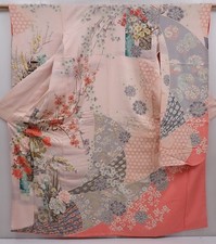 6120T13z1150 Vintage Japanese Kimono Silk FURISODE Flowers Pink