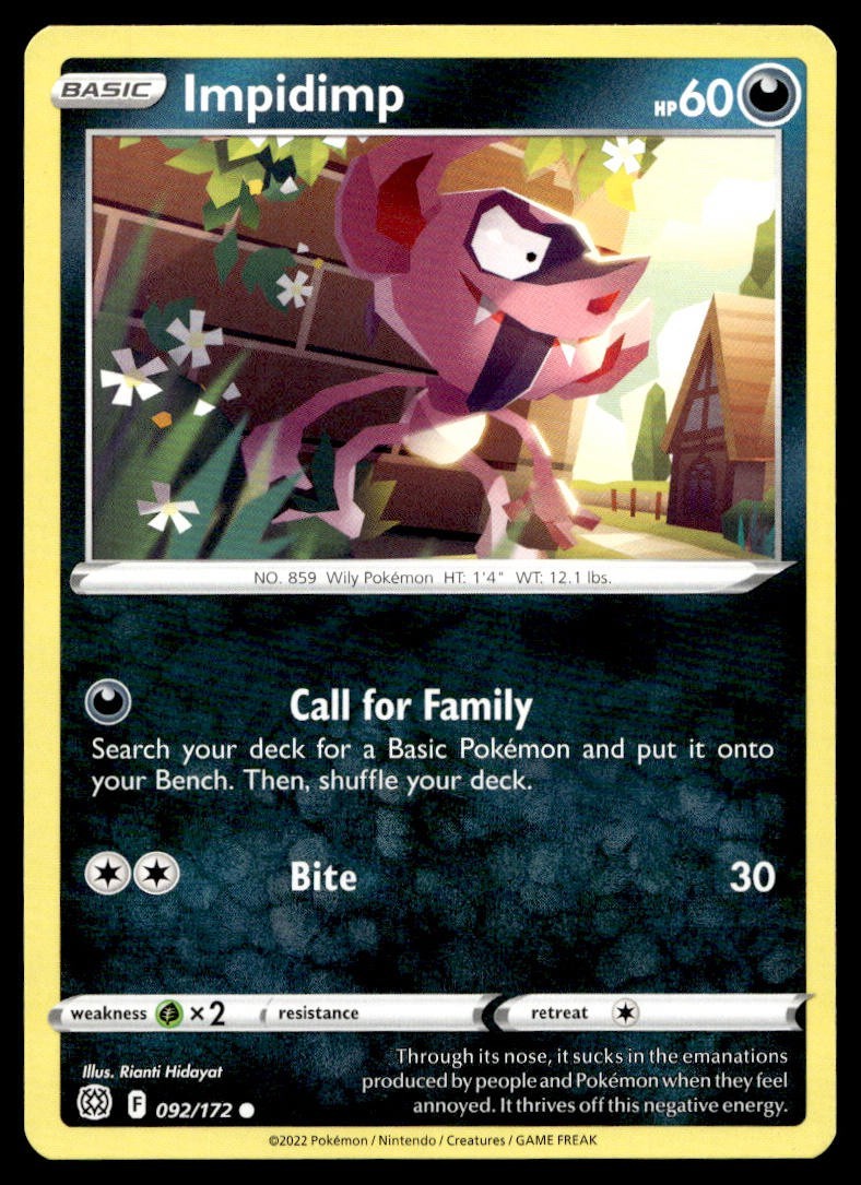 Impidimp 92/172 Pokemon Card Brilliant Stars Common 60 HP Lightly Played NA