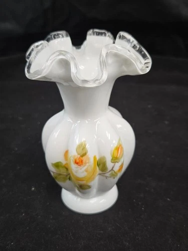 Vintage Rare Fenton Milk Glass Ruffled Silver Crest Vase Handpainted Yellow Rose