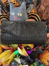 Art Deco Style Black Beaded Evening Bag Clutch With Strap