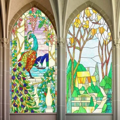 Retro European Church Glass Sticker Static Stained Window Film Translucent Decor - Photo 1/4