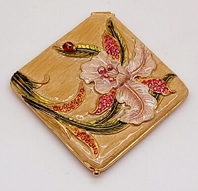 DualCompact Purse Mirror Colorful Pink flower Square style Cream base decorative