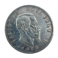 1875 M BN ITALY 5 LIRE VITTORIO EMANUELE II - MILAN -XF/AU 0.900 SILVER KM# 8.3