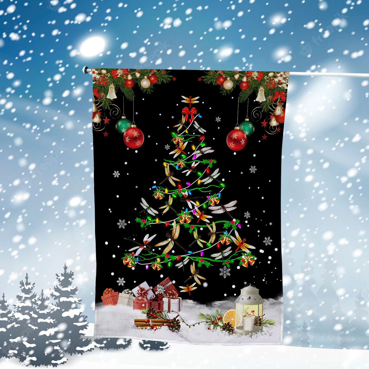 Dragonfly Merry Christmas Flag, Dragonfly Christmas Tree Lights Flag Gift
