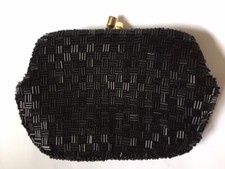Vintage Hong Kong Hand Beaded Coin Clutch Sm Purse Black Bead Gold Tone Hardware