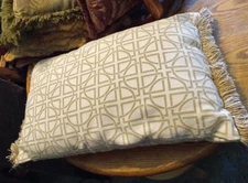 White / Beige Abstract Print Fringed Pillow  16 x 26