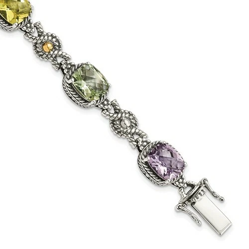 925 Sterling Silver Yellow Gold Purple Amethyst Lemon Quartz Prasiolite Bracelet - Image 4 of 4