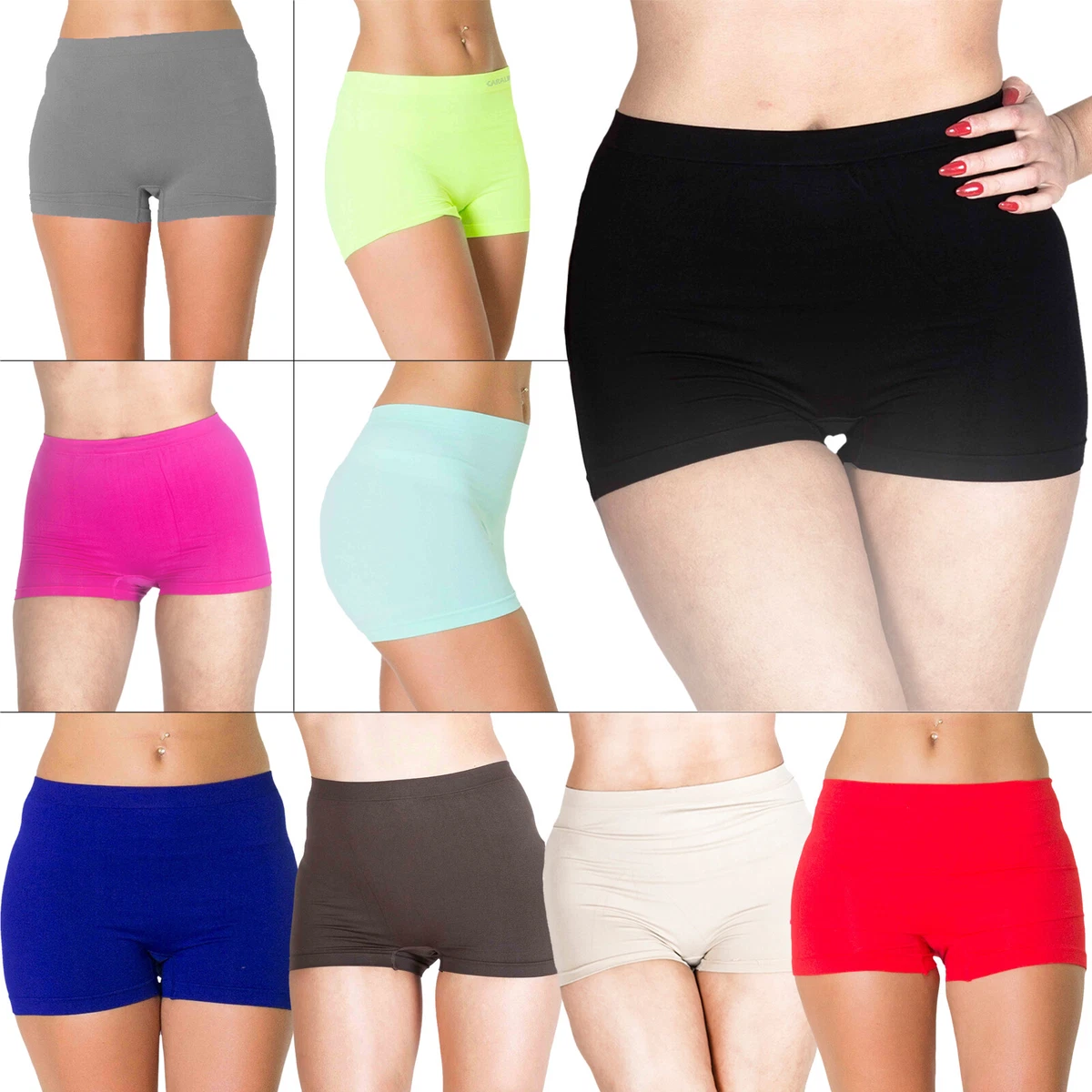 Womens Ladies Plain Boxer Shorts High Waist Seamless Stretch