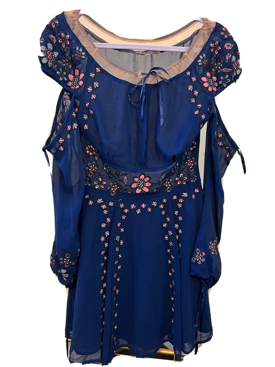 For Love & Lemons Blue Floral Dress Cut-Out Long Sleeves Gently Used Sz. XS  | eBay