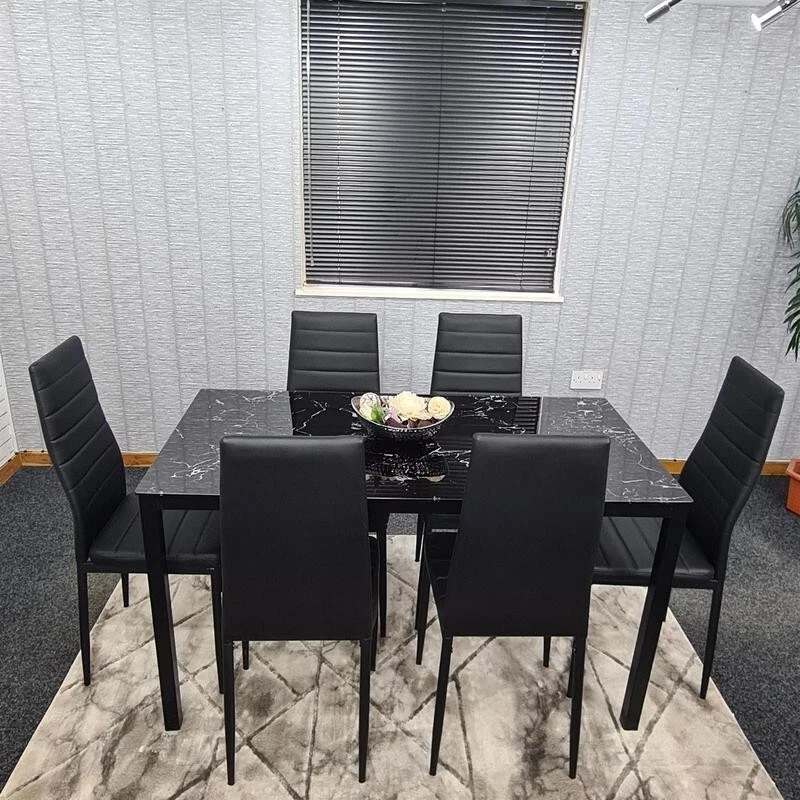 6 Seat Black Marble Effect Glass Dining Table & 6 Chairs Modern Set - Image 4 of 4