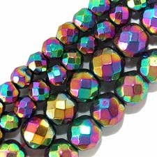 MAGNETIC HEMATITE FACETED STONE JEWELRY BEADS RAINBOW PLATED 6MM ROUND BEAD FMH5