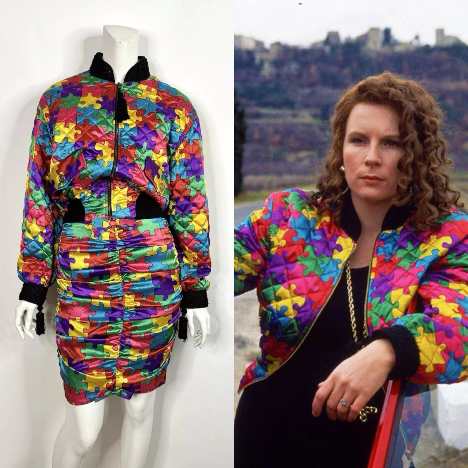 Giacca e gonna vintage Moschino economici e chic stampa puzzle set 44 42 M