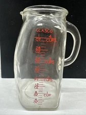 Glasco Potbelly Glass Measuring Pitcher 4 Cups 1 Quart USA Vintage Red Lettering