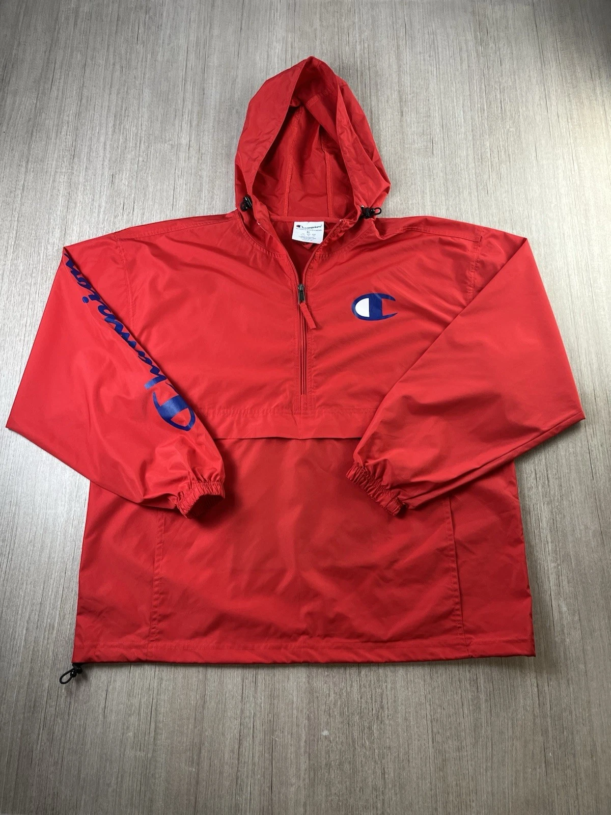 Champion Packable Windbreaker Jacket Mens XL Red Half Zip Pullover Anorak Hooded