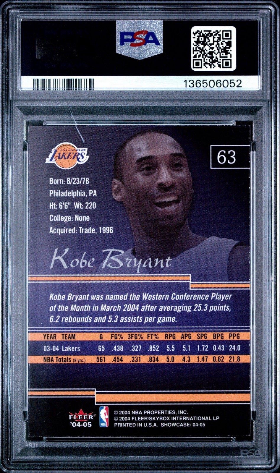 Kobe Bryant 2004-05 Flair Showcase PSA 7 NM Los Angeles Lakers Card #63 Clean view 2