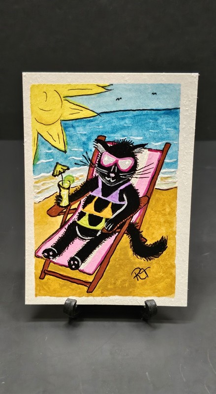 ACEO Original Art 2.5X3.5 Trading Card Actually Cats Black Bikini Cat At Beach