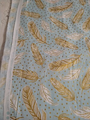 Clarabelle Cotton Quilt Fabric Hoffman Calif Gold Metallic Feathers Aqua BTHY