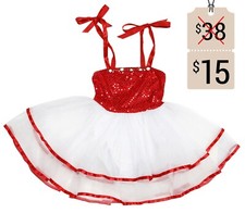 Girls' Sequin Camisole Dance Costume Dress with Layered Tulle Ribbon Hem Skirt