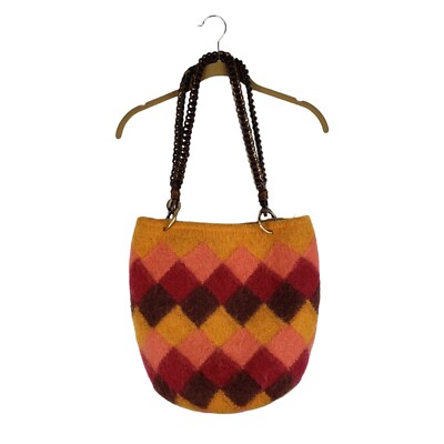 Felted Bucket Bag Warm Autumn Colors Entrelac Wooly Harlequin Argyle Diamond 