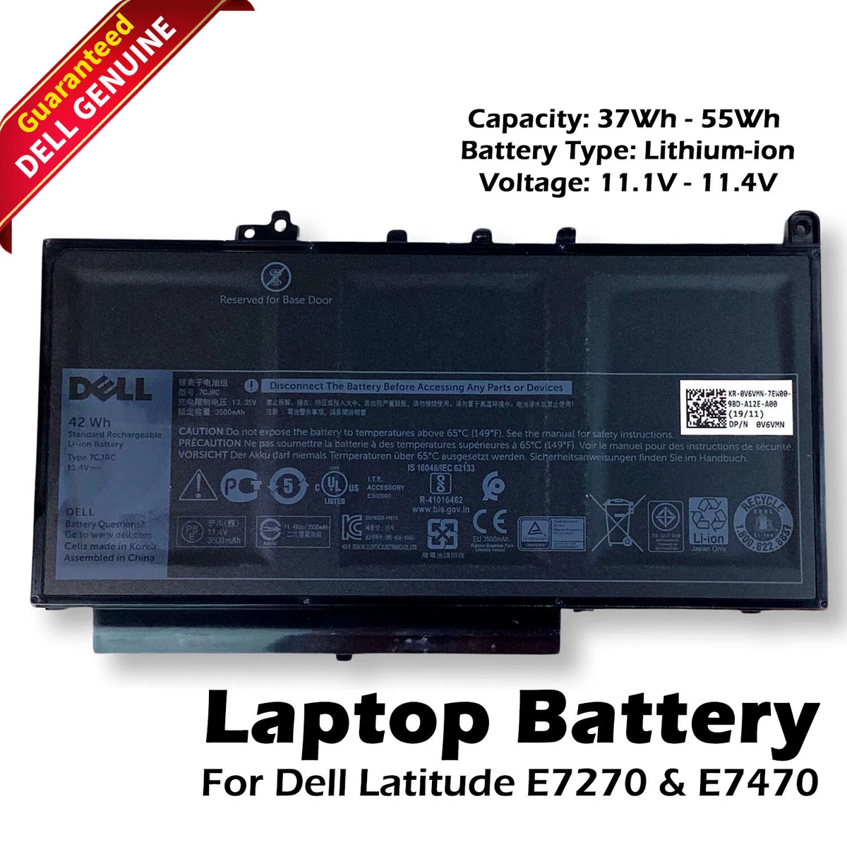 Genuine Dell Latitude E7270 7470 3 Cell 42WHR Laptop Battery 