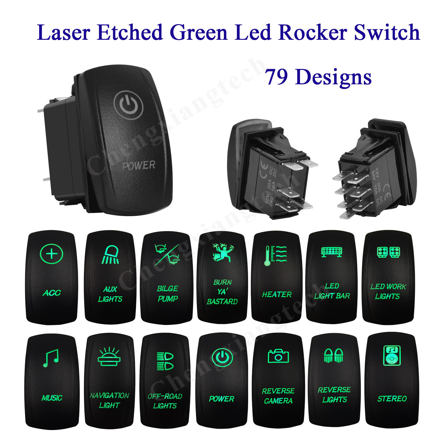 Green Backlit SPST DPDT Rocker Switch for Carling UTV ATV RZR Trailer