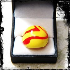 Unique Bohemian Blown Glass Bling Ring Yellow with Fiery Red Swirl Size 5 - 10