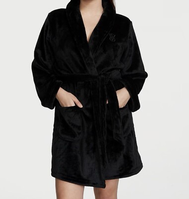 ladies black velour dressing gown Short Cozy Robe , Black, M/L - Women's Robes Blue Abayas