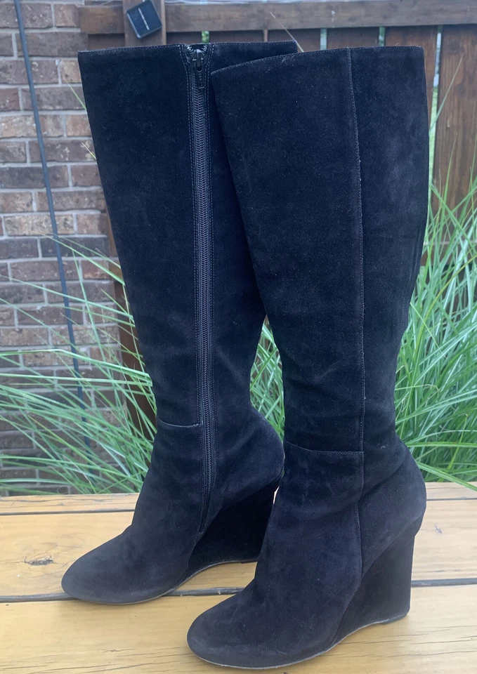 Lavender Label Vera Wang Women Black Wedge Platform Knee High Suede Boots 9 - Image 2 of 4