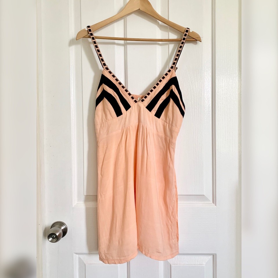 Peach Baby Doll Dress Black Detail SIZE M Mini Beach Summer