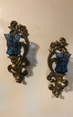 Vintage Pair Syroco Homco Gold Wall Candle Sconces Flowers Hollywood Regency 411