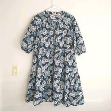 Uniqlo & Paul Joe Dress XL Blue Floral Tiered Buttons A-Line Pocket Puff Sleeve