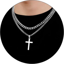 Layered Cross Necklace for Men Boys Stainless Steel Layered Cuban Link Chain 16-