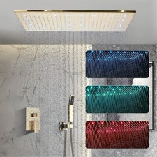 16x32 in LED Rainfall Ceiling Mount Shower Faucet Set Brushed Gold Shower System