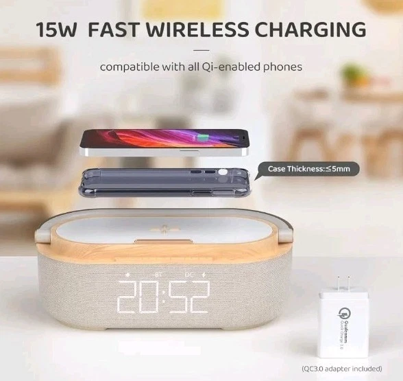 Altavoz Bluetooth Reloj Despertador/Cargador Inalámbrico Luz LED 2500mAh Foto 3 de 3