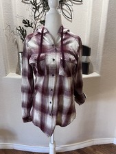 Womens Small Flannel Button Down Hoodie Red Pink White Plaid Drawstring Roll Tab