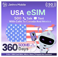  4.60/Mo Jethro Mobile Prepaid eSIM Card Phone Plan: 500MB Data, 500 Talk  Text